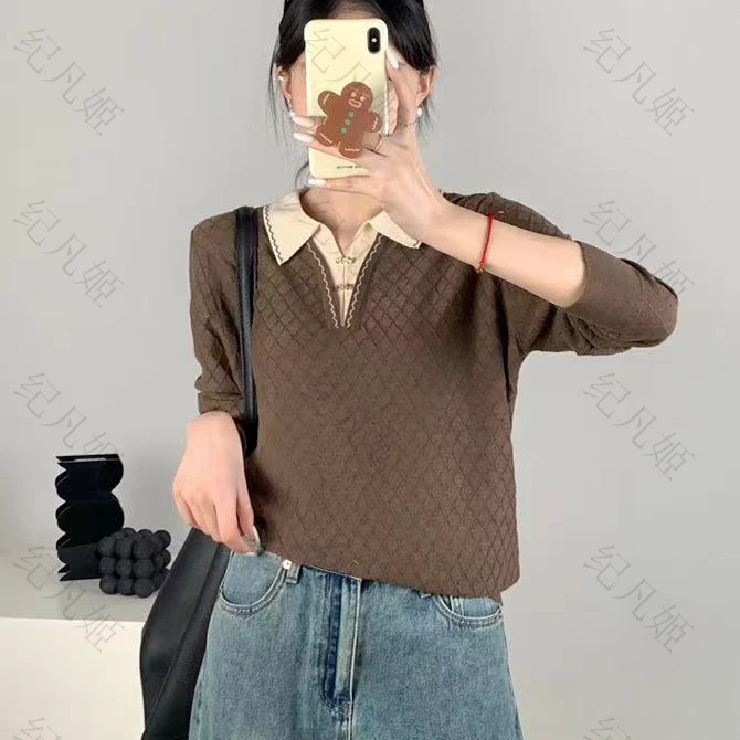 纪凡姬/3880-高级感休闲翻领撞色提花女设计针织打底衫