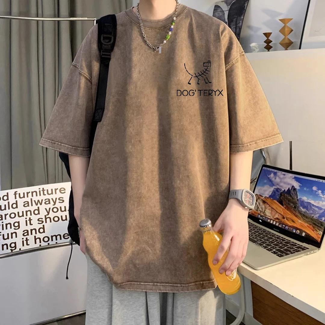 美式夏季凉感透气做旧水洗纯棉短袖T恤男女同款潮牌ins宽松打底衫