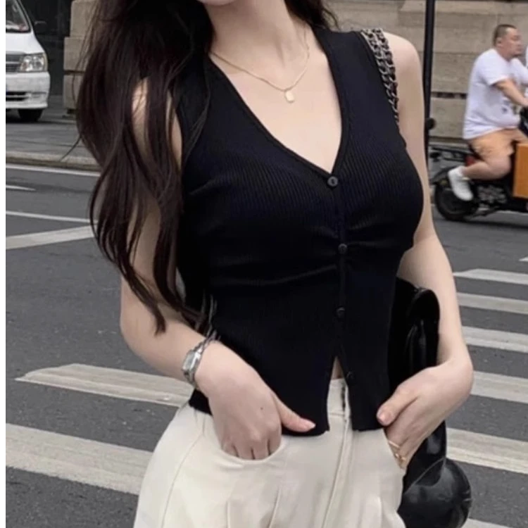 法式纯欲V领冰丝针织背心女夏外穿修身气质无袖坎肩t恤高级感上衣