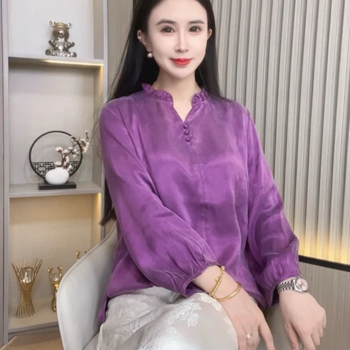 紫色【如烟】中式改良设计师百搭老料砂洗气质显瘦小衫