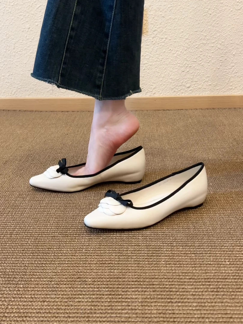 Pokoy-3.5cm粗跟平底尖头蝴蝶结蝴蝶单鞋浅口气质内增高