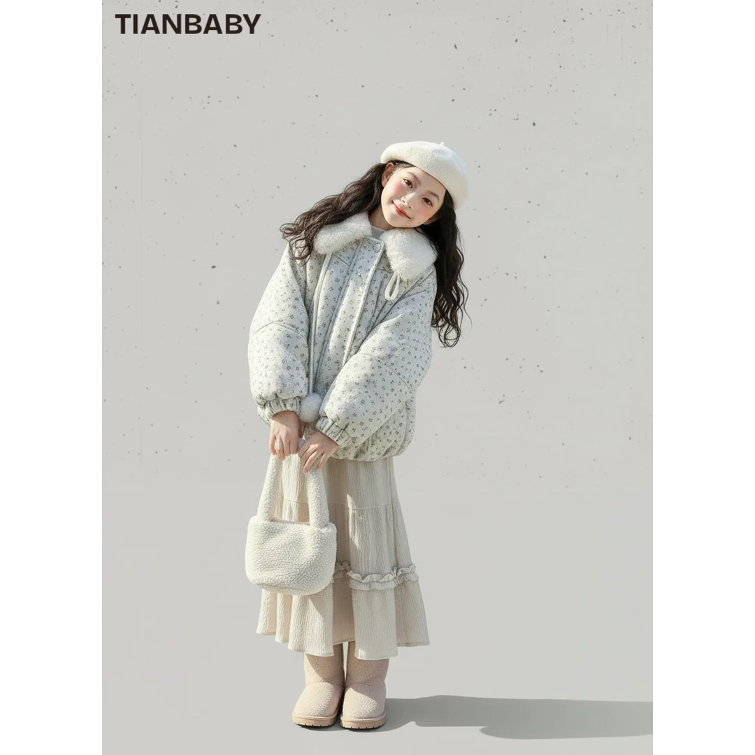 甜野家【晨雾小花园】女童韩版宽松加绒加厚呢子外套2025冬季中大童