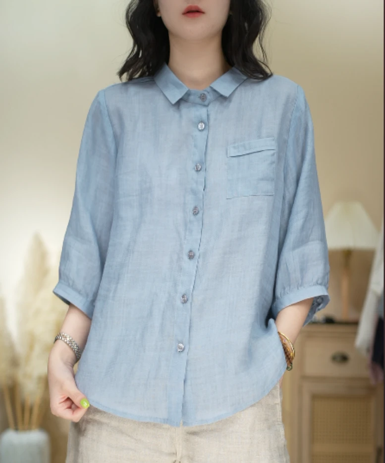 25538纯苎麻显瘦休闲百搭薄款夏季纯色翻领衬衫