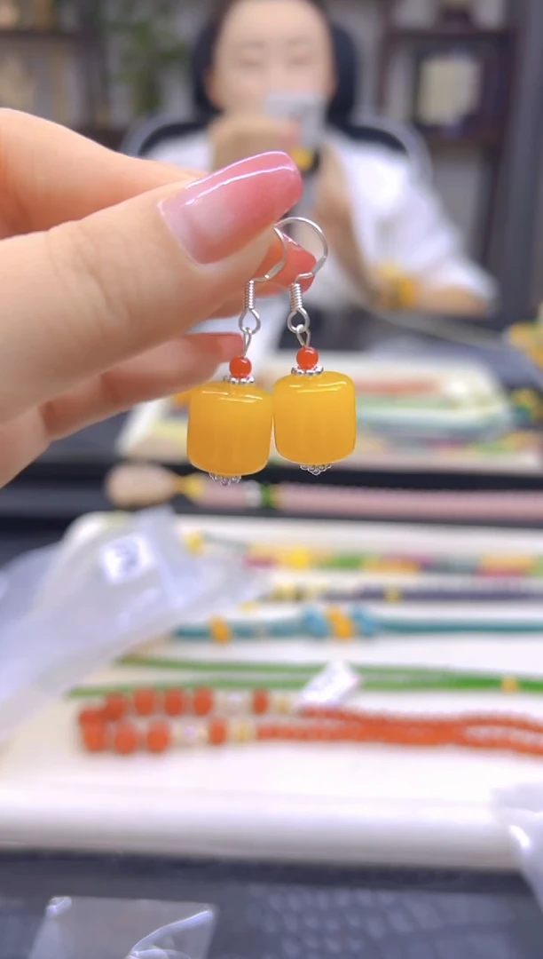 蜜蜡银S925镶嵌耳饰DIY款E897