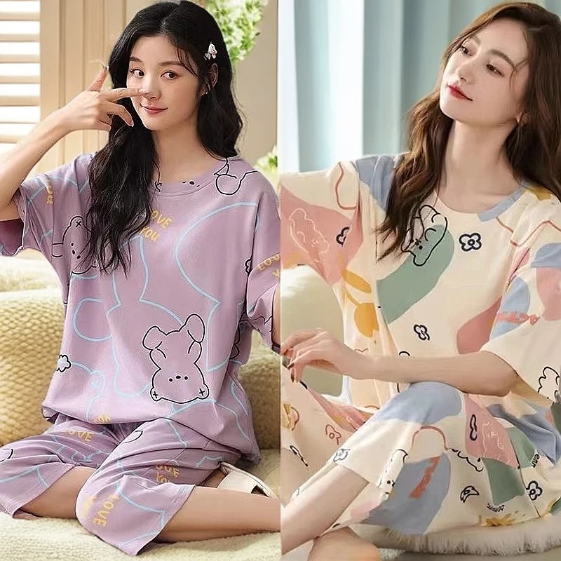 睡衣女夏季短袖夏天宽松大码可外穿家居服休闲女套装七分裤