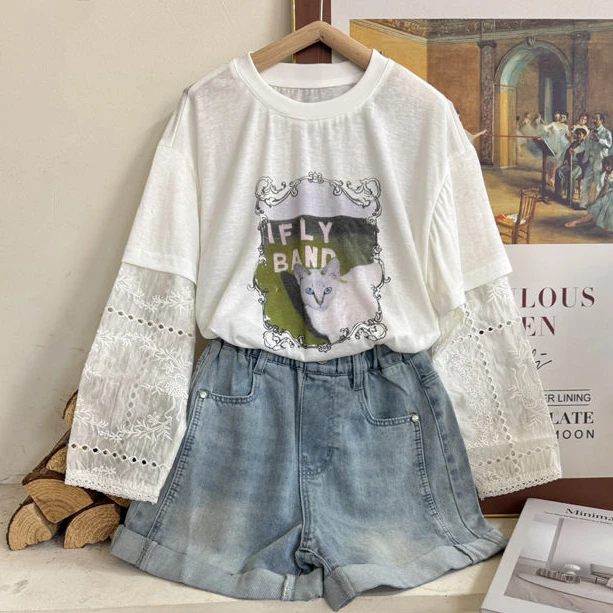 【豪宝贝】2025夏款小猫蕾丝拼接袖假两件防晒长袖T恤7070