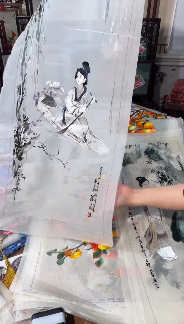刺绣素*4连仕女图
