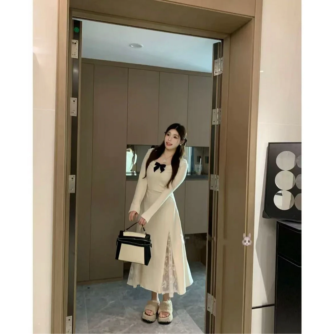 ENYU/小个子2025新款温柔气质蝴蝶结蕾丝连衣裙显瘦