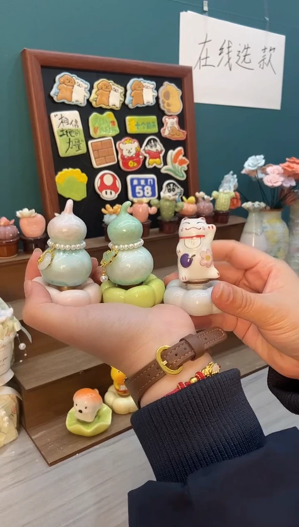 摆件陶粉色 绿色 举手猫葫芦景德镇陶瓷摆件3个装