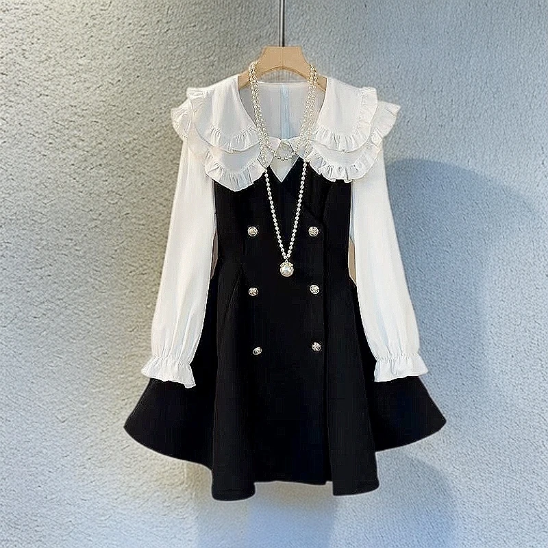 微胖mm纽扣娃娃领甜美风收腰显瘦洋气韩背心中长裙大码连衣裙2436