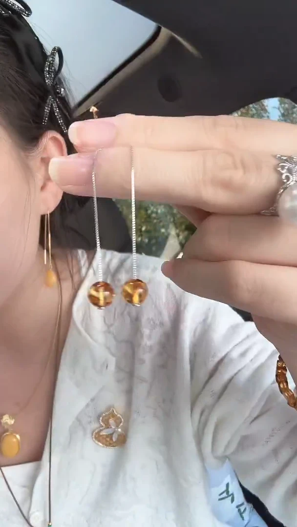 琥珀（花珀）银S925镶嵌耳饰花珀耳线