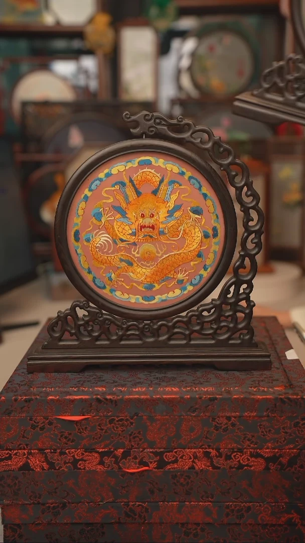 扇子龙头架 苏绣双面绣摆台