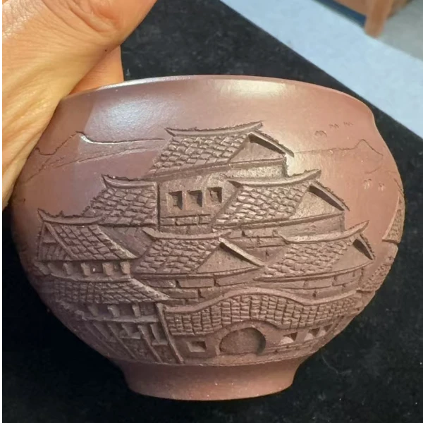 原矿紫砂主人杯品茗杯  底槽青 刻绘人家尽枕河大缸杯