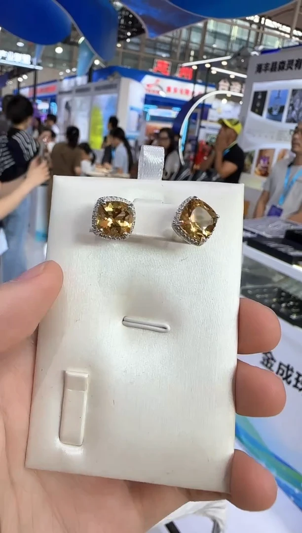 黄晶耳饰银S925镶嵌耳钉10mm