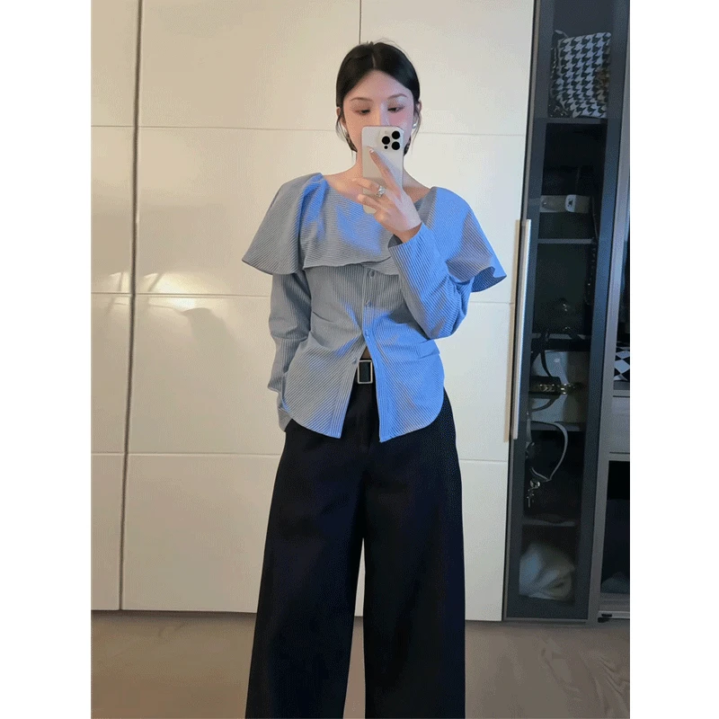 法式一字肩荷叶边条纹长袖衬衫2025春季新款收腰显瘦减龄长袖上衣