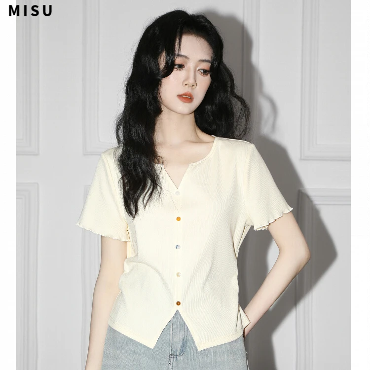 MISU杏色V领短袖T恤女夏季2025春新款不规则褶皱显瘦收腰体恤短款