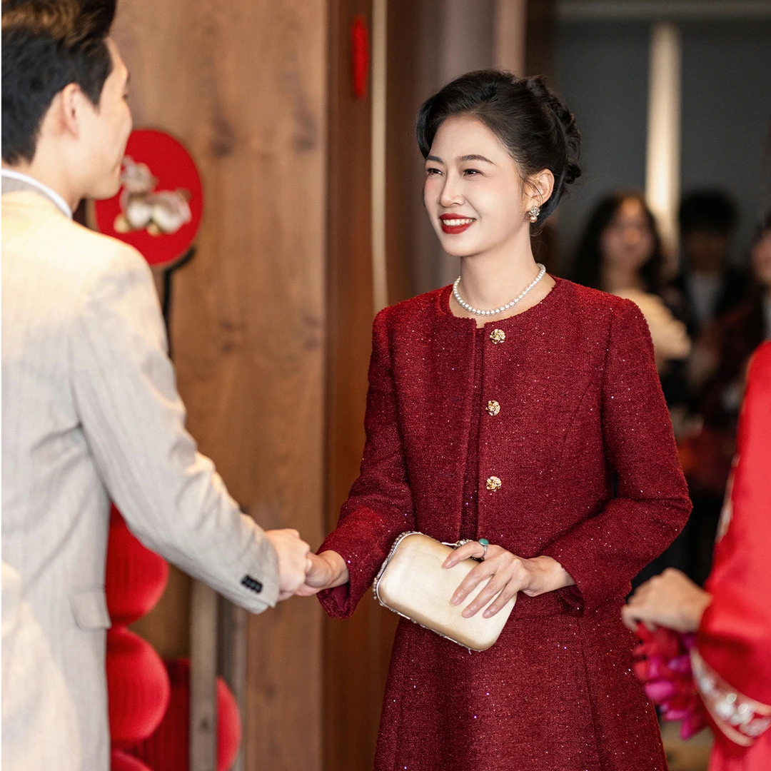 秋冬季外套喜妈妈结婚宴礼服红色喜婆婆小香风套装裙轻奢高级感