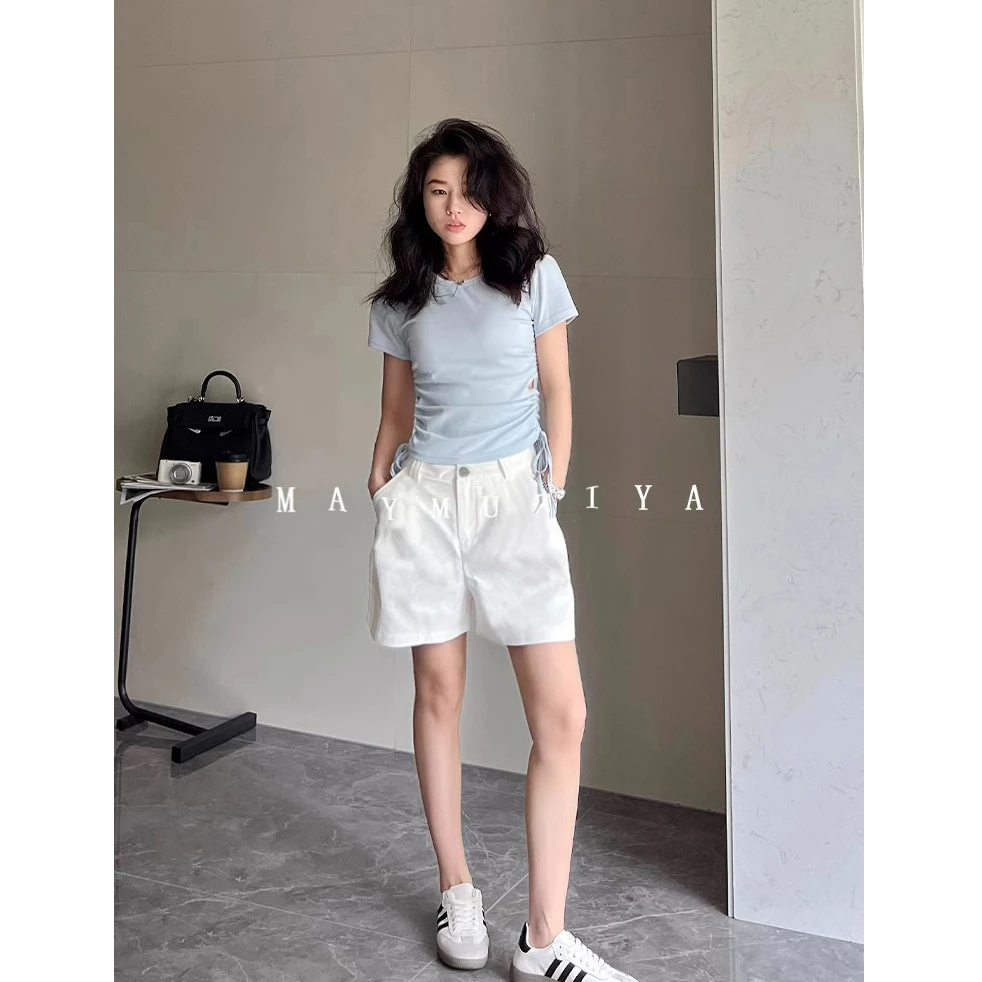 蓝豚豚 ins博主复古OL高腰牛仔短裤女夏天薄款牛仔裤A字白色中裤