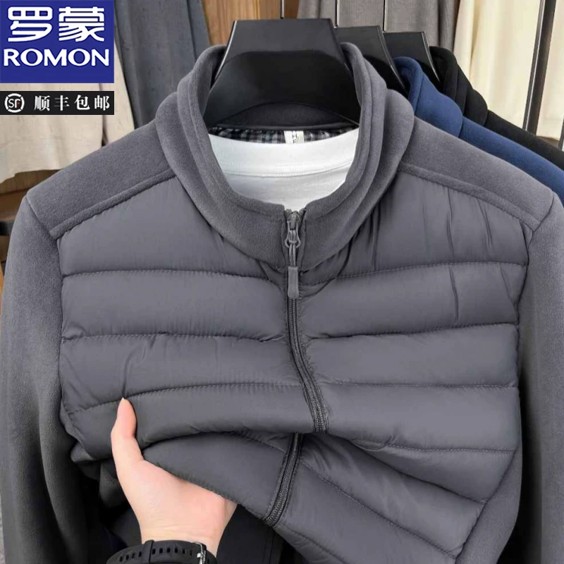 罗蒙秋冬新款男士轻薄棉服时尚拼接加绒加厚立领保暖内胆抓绒外套