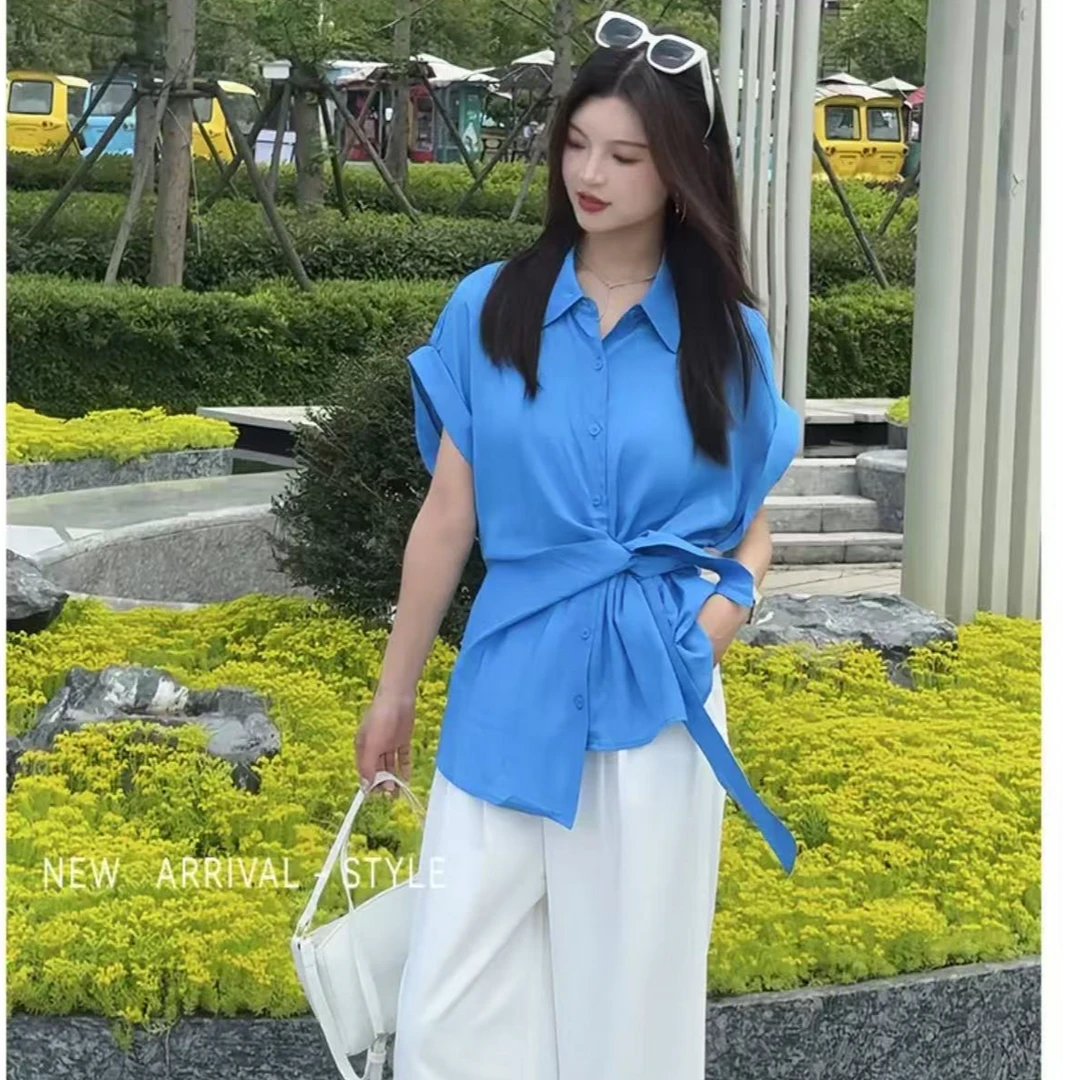 休闲百搭翻领宽松短袖时尚收腰设计感绑带气质夏季衬衫时尚2591