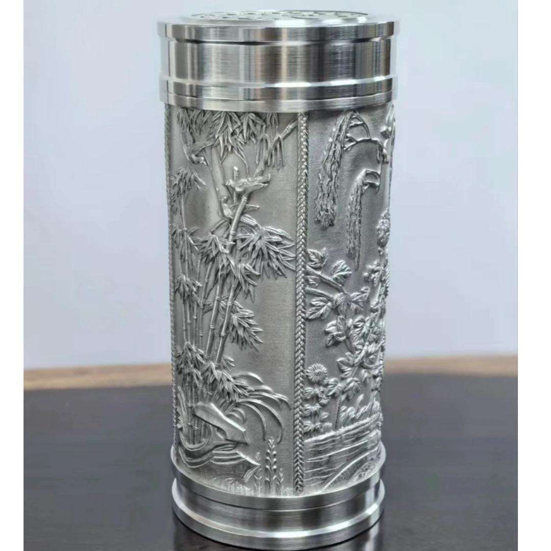 纯锡原色梅兰竹菊茶叶罐容量密封防潮保鲜高档直筒茶道