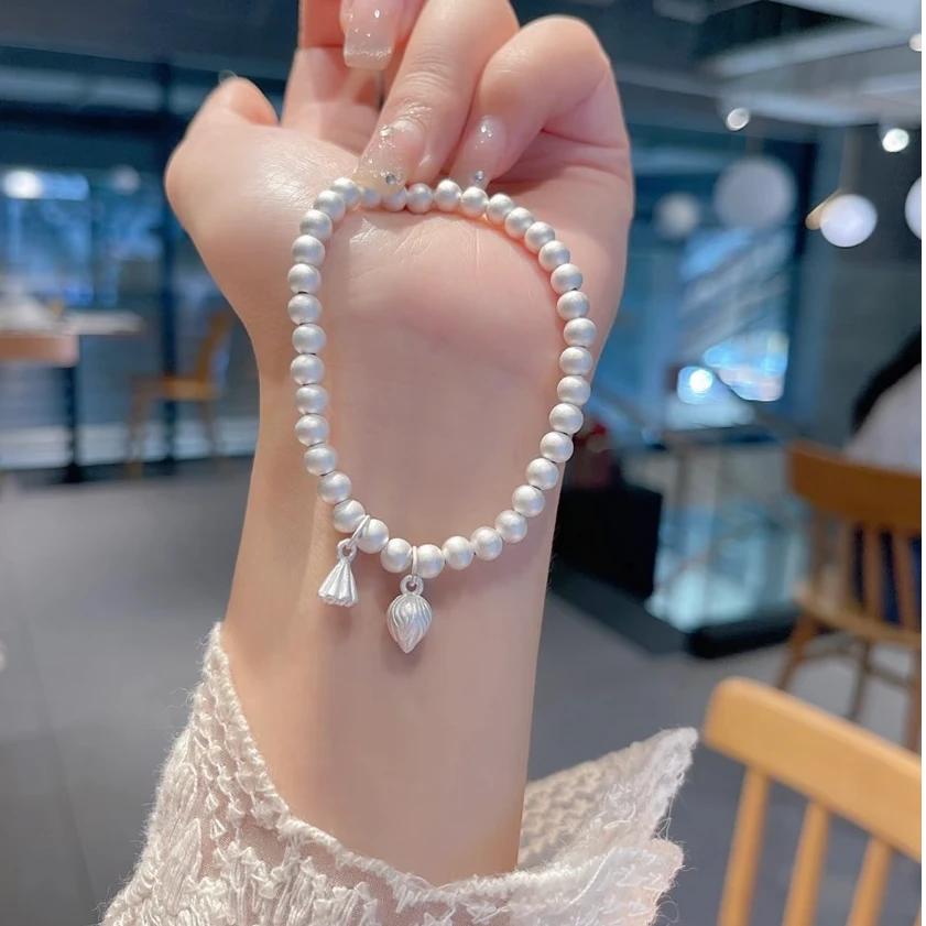 足银手链 999.9【153】两世欢手链女莲花莲蓬古法磨砂气质百搭简约