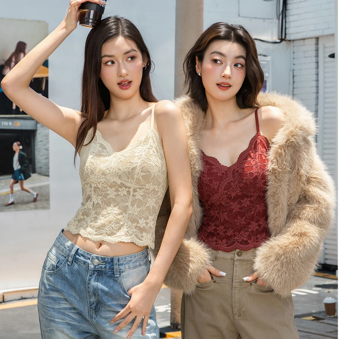 CHENXINYU秋冬百搭法式蕾丝V领性感修身显瘦美背吊带内衣时尚内搭