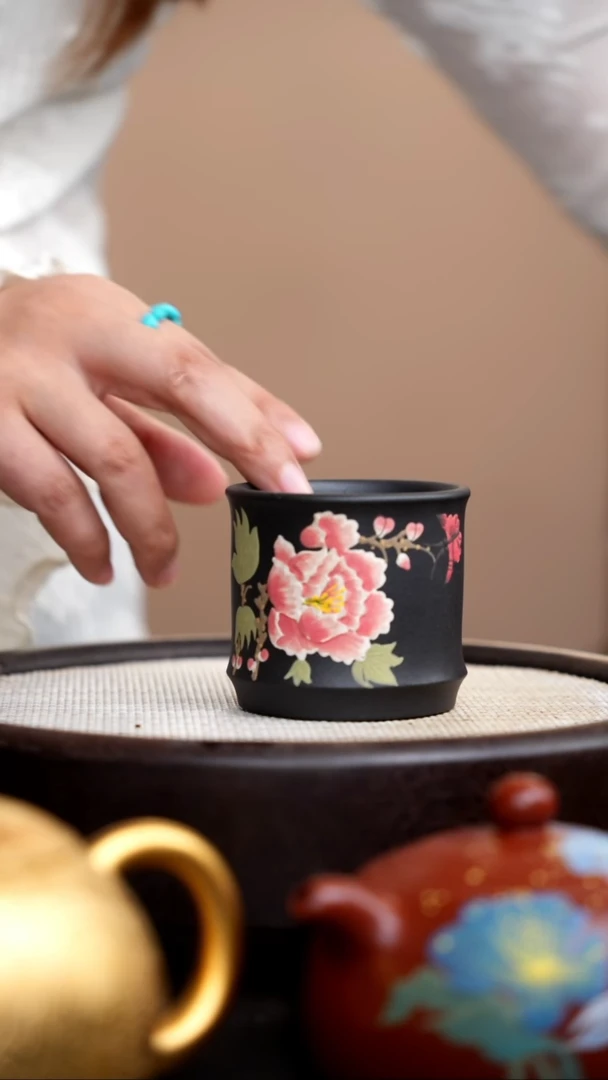 茶壶紫砂云雾天青竹节杯牡丹