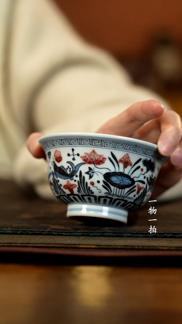 青花釉里红鱼藻纹压手杯