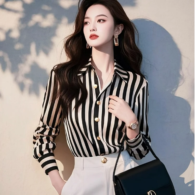法式减龄黑白撞色条纹衬衫女春季时尚百搭轻奢高级感职业通勤衬衣