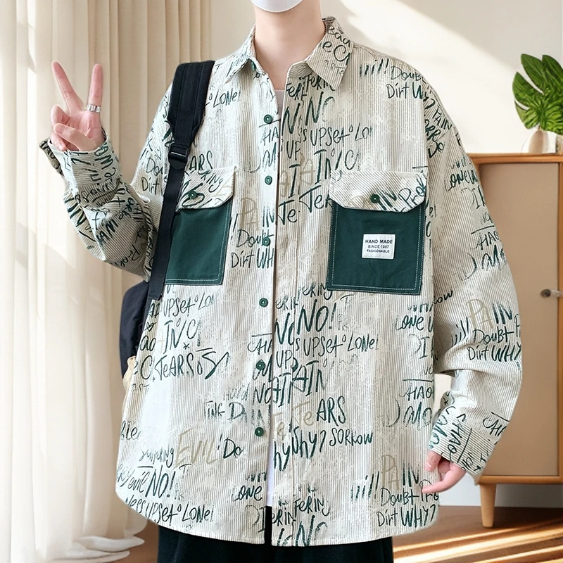 春秋季长袖衬衫男士休闲上衣字母印花青少年学生衬衣外套潮流宽松