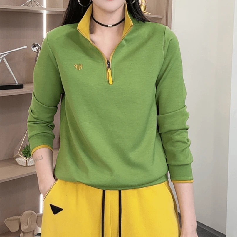 2025春季新品时尚百搭修身显瘦设计感半拉链显瘦女士7835长袖上衣