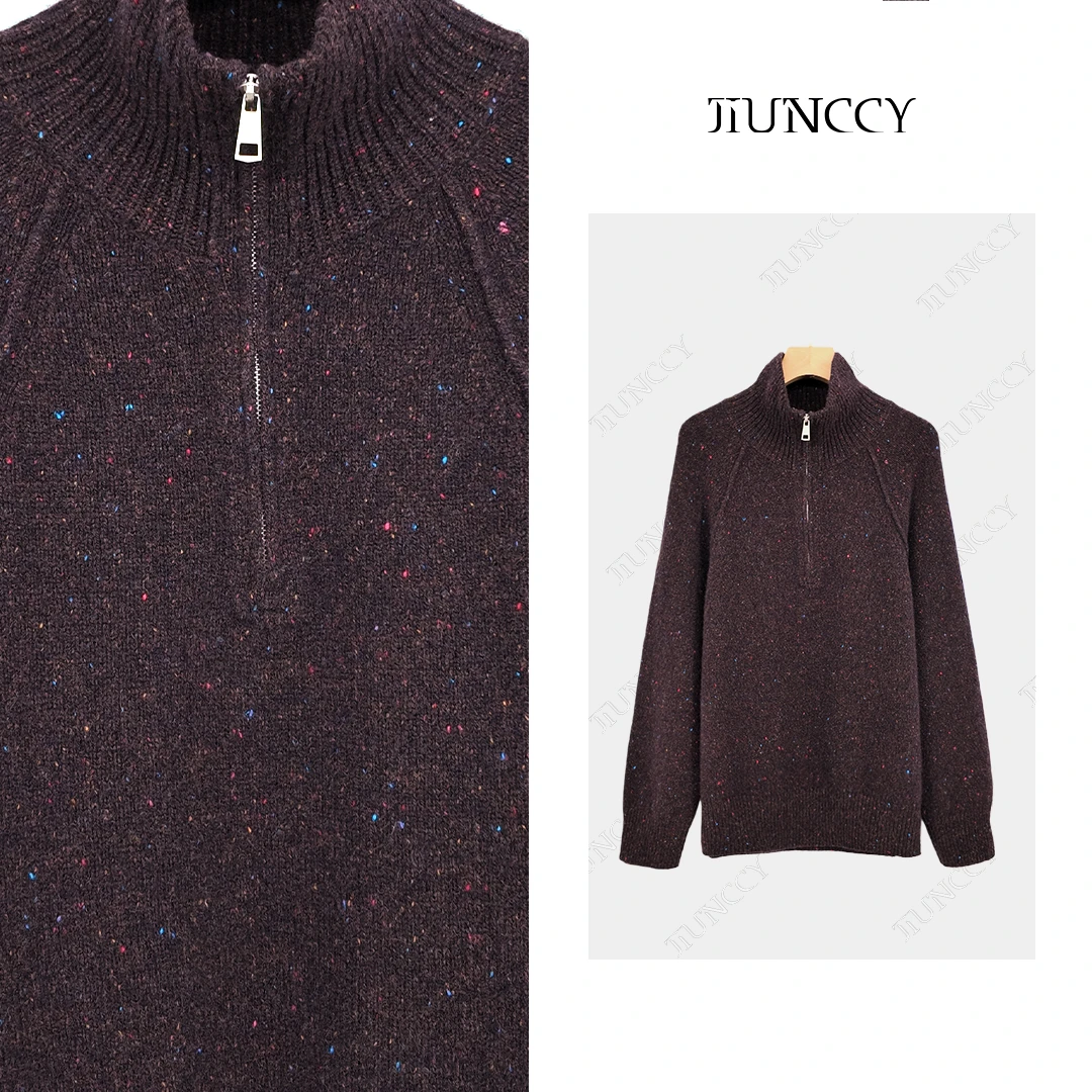 JIUNCCY【星紫】高定A级100山羊绒彩点纱半拉链针织毛衣 52YZZ186