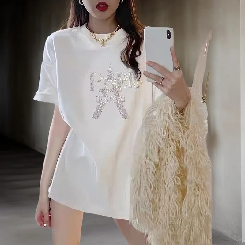 中长款短袖t恤女款爆款2025新款春游出行衣服高质感重工烫钻上衣