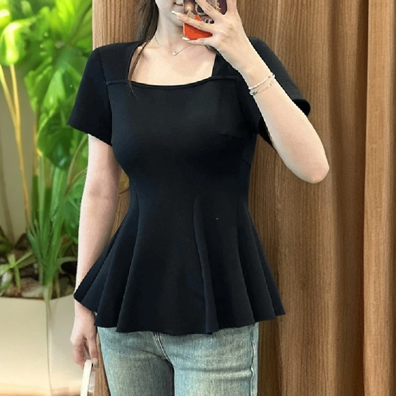 大码纯欲辣妹方领正肩短袖黑色t恤女夏季胖mm遮肚显瘦鱼尾小上衣