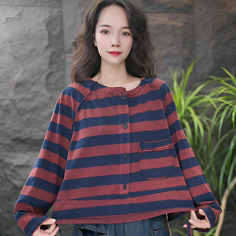 JJ条纹长袖森系短款中长款秋季卫衣女装上衣显瘦针织打底衫百搭