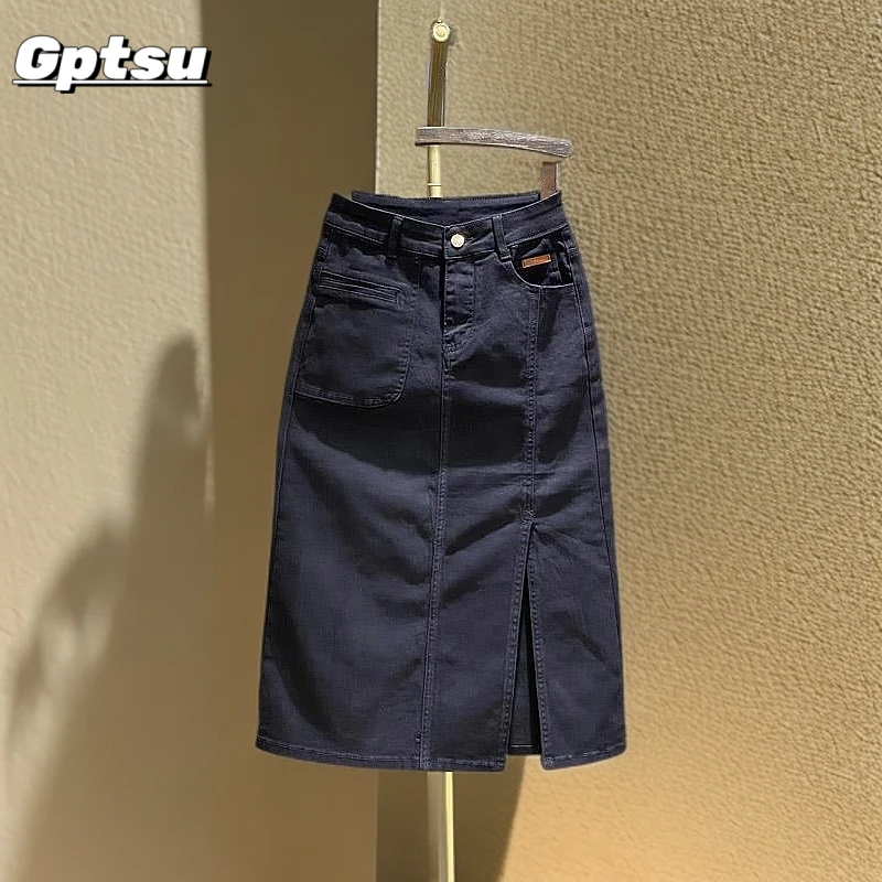 GPTSu侧开叉牛仔半裙女2025春季弹力高腰气质包臀显瘦a字长裙黑色