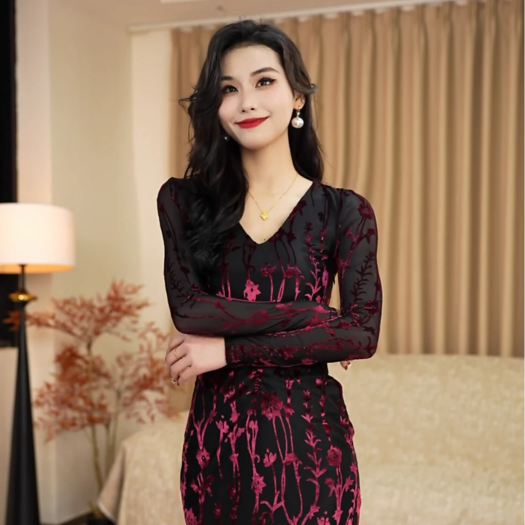 【ANAN安安】高级感V领花纹气质长裙高端精致连衣裙8120