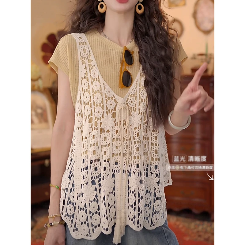 设计感蕾丝假两件短袖T恤2025夏季新款复古镂空拼接宽松百搭上衣