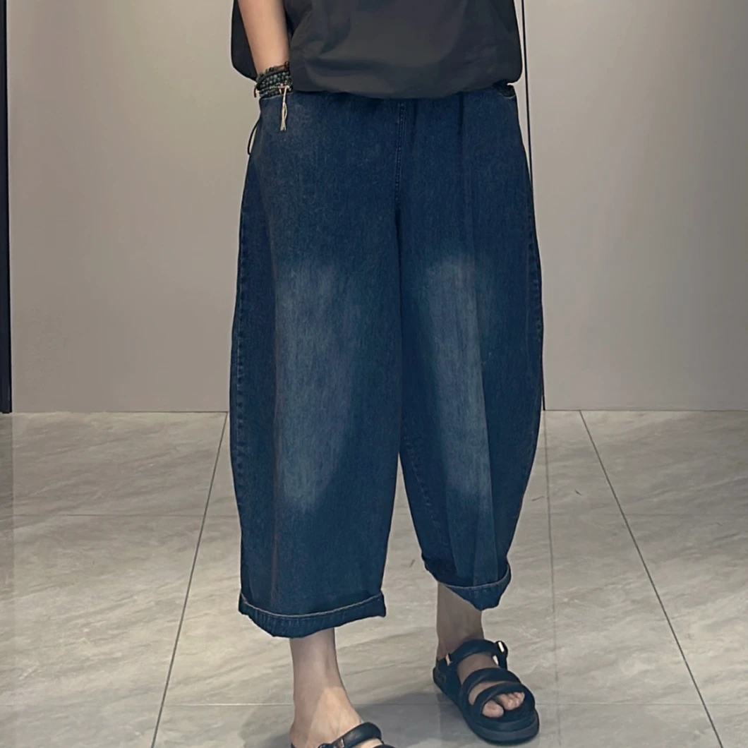 深蓝阔腿牛仔裤女宽松休闲舒适直筒百搭夏季轻薄透气