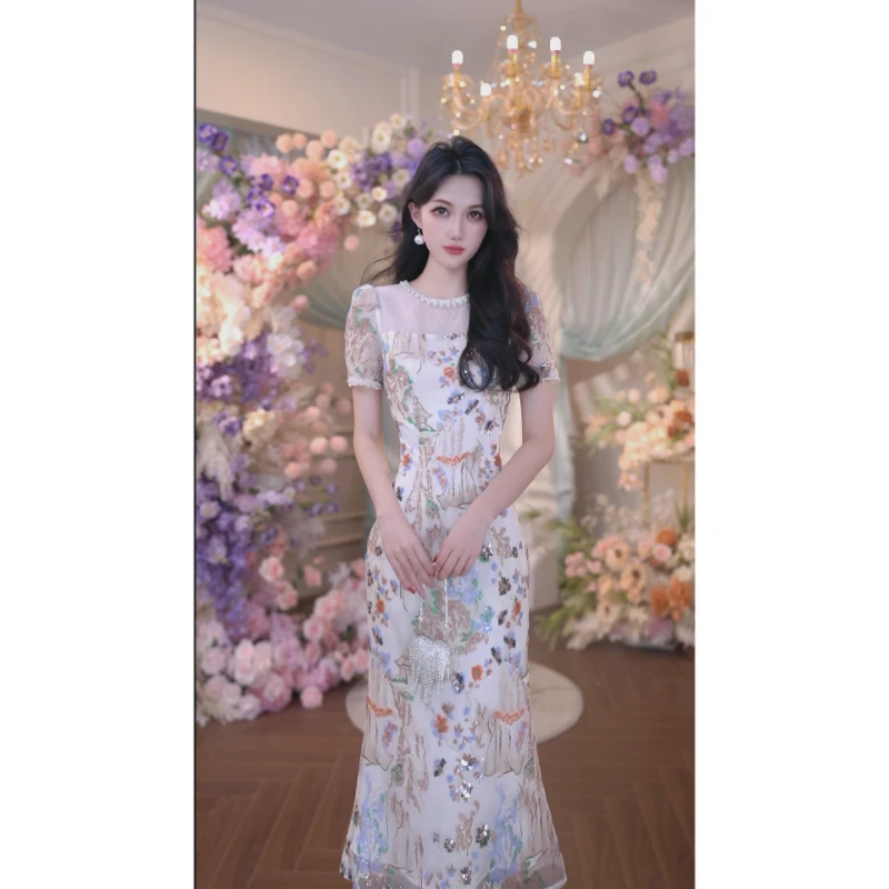 2025夏季新款气质高级感钉珠连衣裙女法式印花刺绣显瘦日常6276