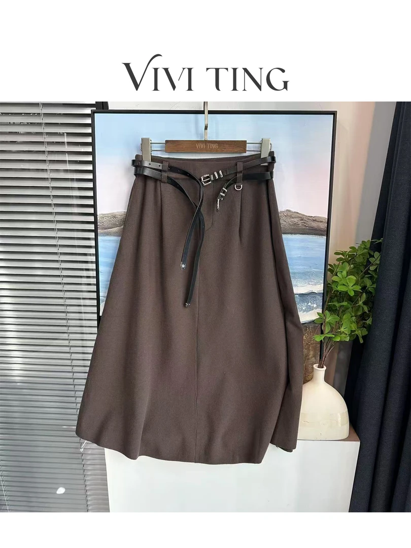 【VIVI·TING】婷姐推荐时尚设计款净版咖色中长款双腰带半身裙F334