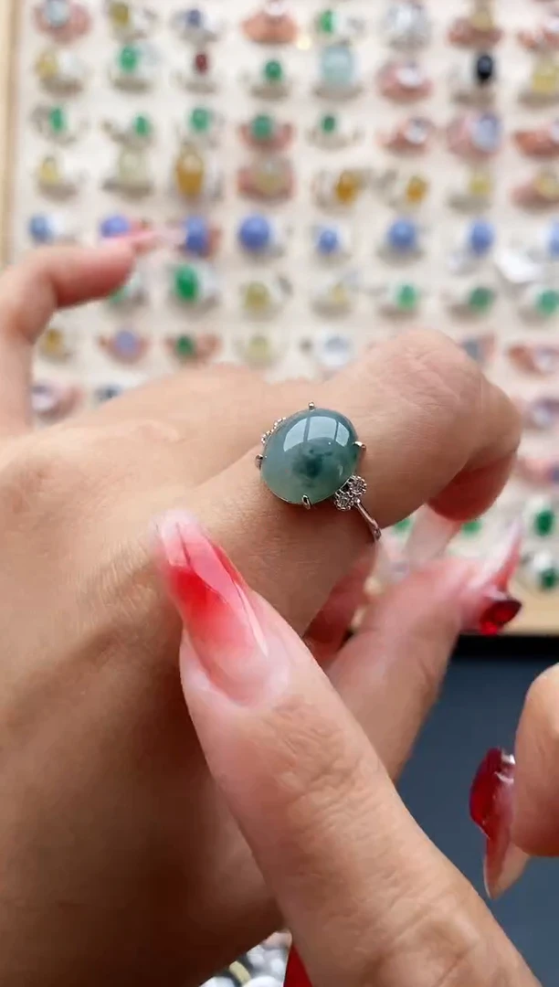 【闪购商品】翡翠戒指银S925镶嵌缅甸天然A货翡翠222 8+4