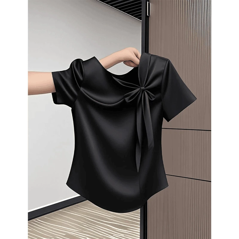 法式蝴蝶结短袖T恤女2025夏季超好看时尚百搭显瘦黑色设计感上衣