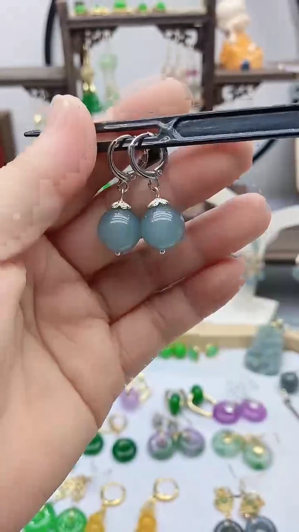 石英质玉（非洲翠）银S925镶嵌耳饰173