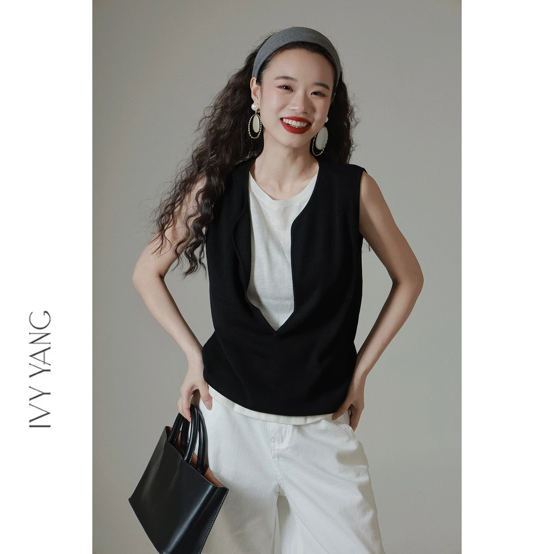 IVY YANG极简风假两件撞色针织背心