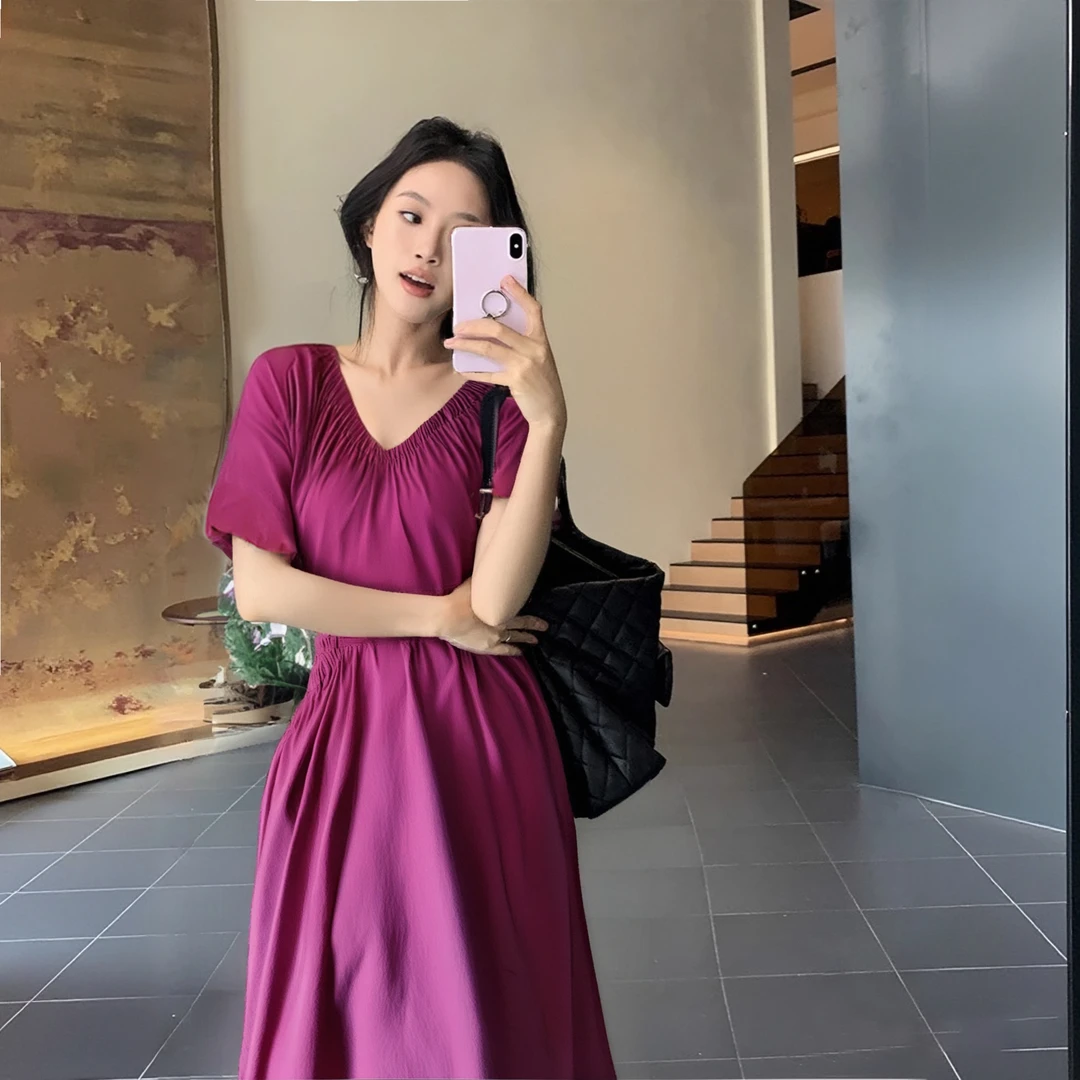 A心形领泡泡袖修身显白长裙高腰显瘦度假小个子复古连衣裙女6947