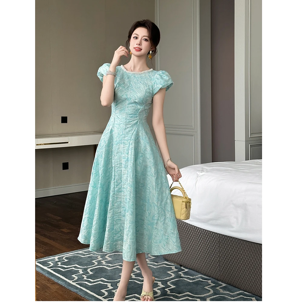 小众法式复古新款女夏季名媛气质圆领钉珠收腰大摆长裙子45148