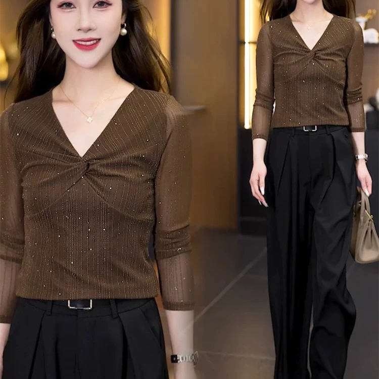 【衣雅严选】8080-1428新款双层纱满天星气质显瘦V领上衣