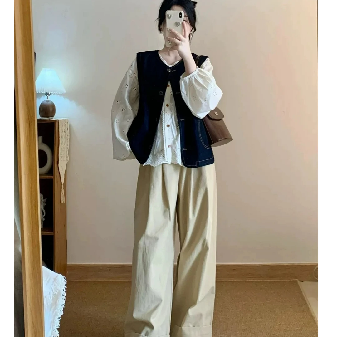 早秋穿搭整套女韩系复古牛仔马甲背心绣花衬衫宽松垂直感裤子套装